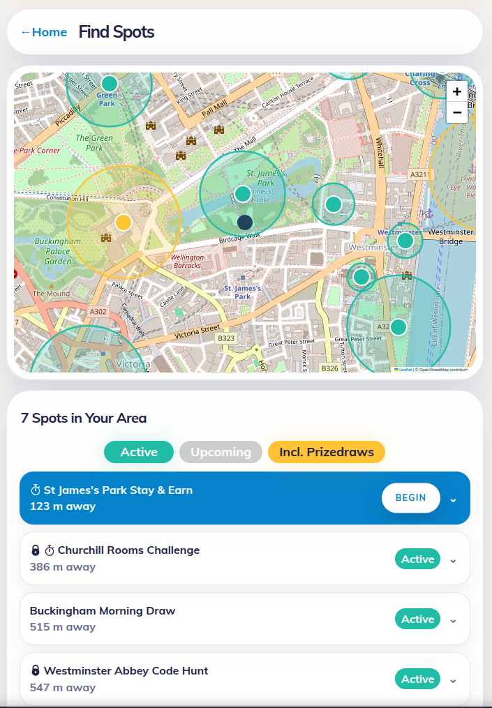 The Find Spots page showing the user's position, several Spots, their claim radii, filters and a list of nearby Spots.